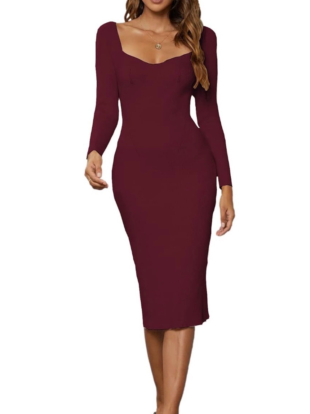 Long Sleeve Burgundy Bodycon Dress - Unbranded